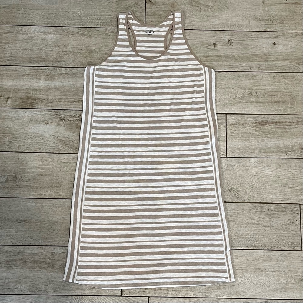 Ann Taylor Loft White & Tan Striped Racerback Dress Ladies Large (L)